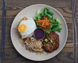 Grilled Garlic Pork Patty, Shredded Pork & Fried Egg